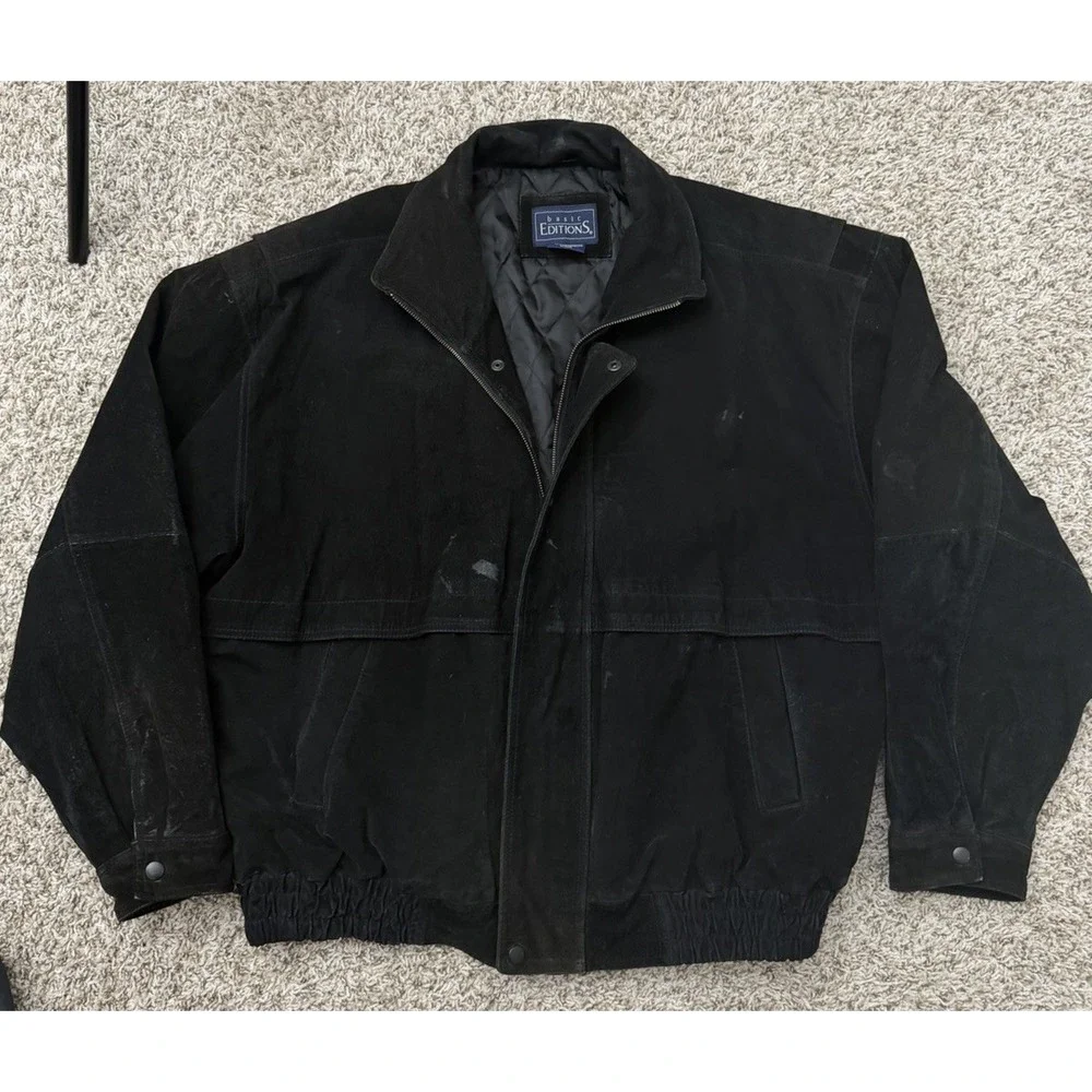 Vintage Suede Leather Bomber Jacket Mens XL Black Quilted Coat 90s